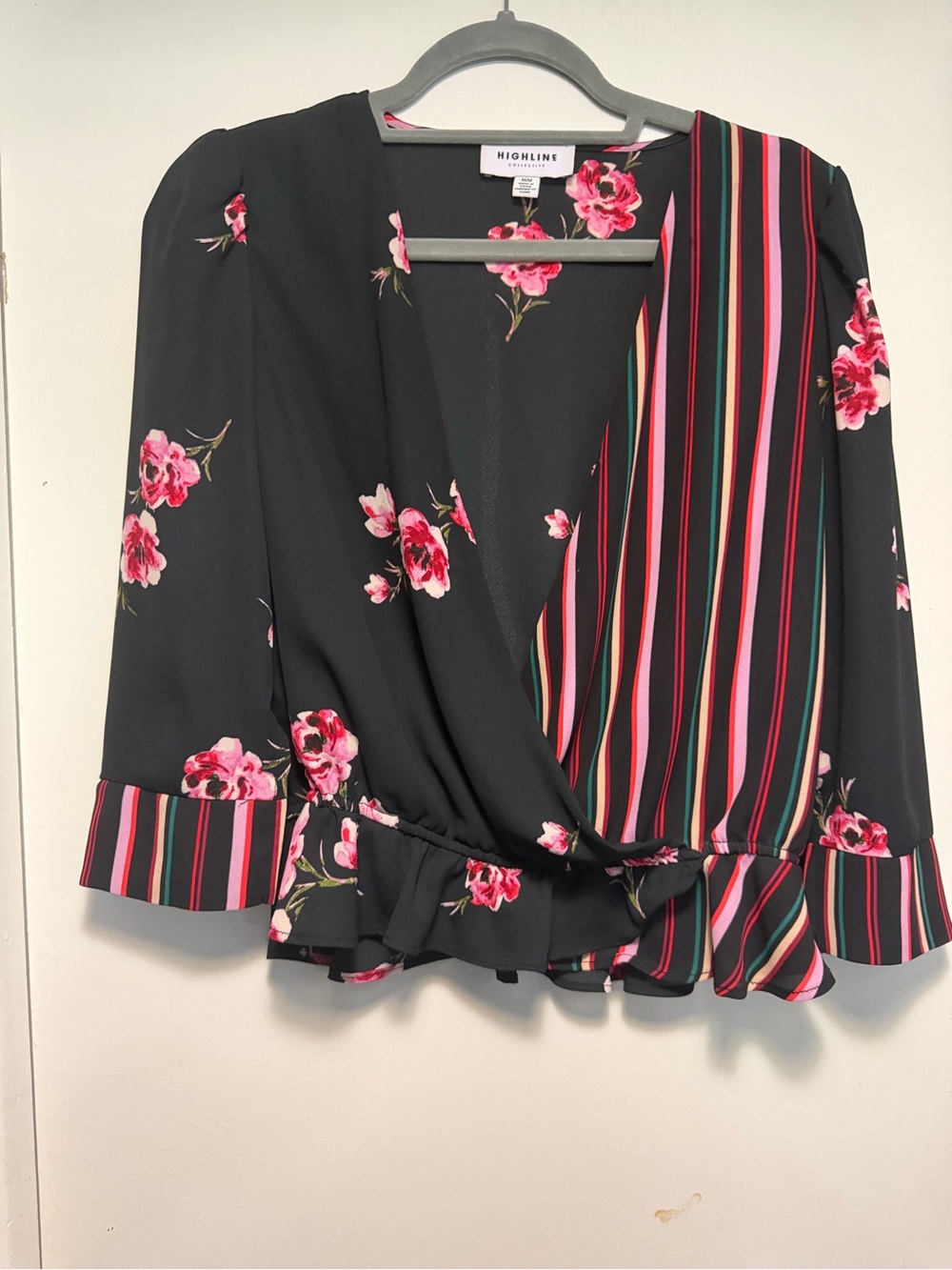 Highline Floral & Stripe Wrap Blouse - Black with Pink Floral Size M
